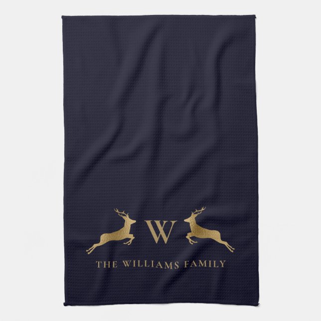 Name Monogram Gold Deer Midnight Navy Geschirrtuch (Vertikal)