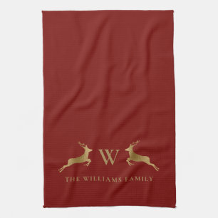 Name Monogram Gold Deer Red Geschirrtuch