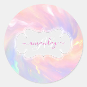 Name Monogram Holographic Unicorn Pink Princess Runder Aufkleber