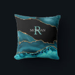 Name & Monogram Lt Teal White, Teal Blk Gold Agate Kissen<br><div class="desc">Personalize this stylish and Trendy Teal,  Gold and Black Agate design with your name and monogram in Light Teal and White text.</div>