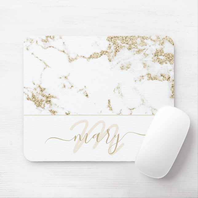 Name Monogram Marble Gold Elegant Weiß Abstrakt Mousepad (Mit Mouse)