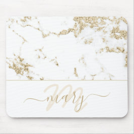 Name Monogram Marble Gold Elegant Weiß Abstrakt Mousepad