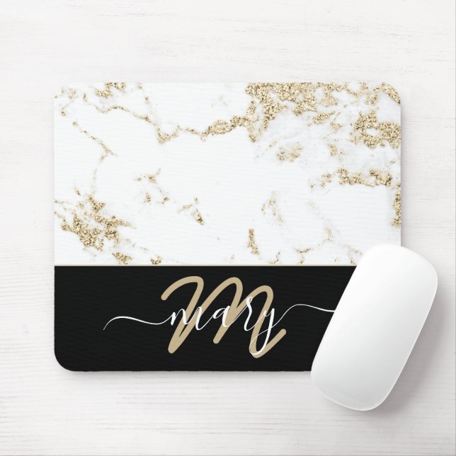 Name Monogram Marble Gold Elegante Zurück Weiß Mousepad (Mit Mouse)