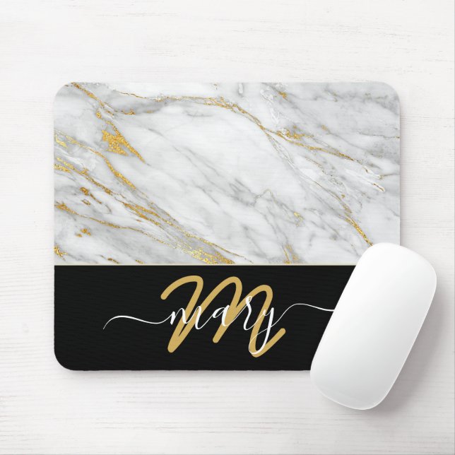 Name Monogram Marble Golden Strikes Back White Mousepad (Mit Mouse)