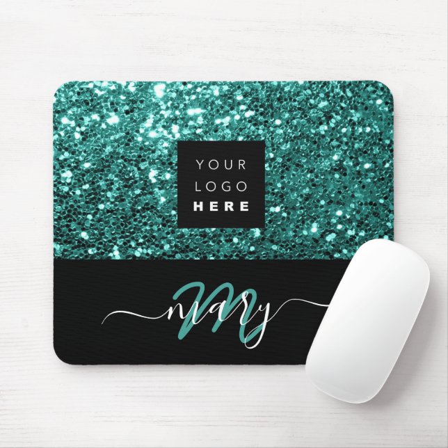 Name Monogram Minimal Aquamarin Glitzer Logo Mousepad (Mit Mouse)