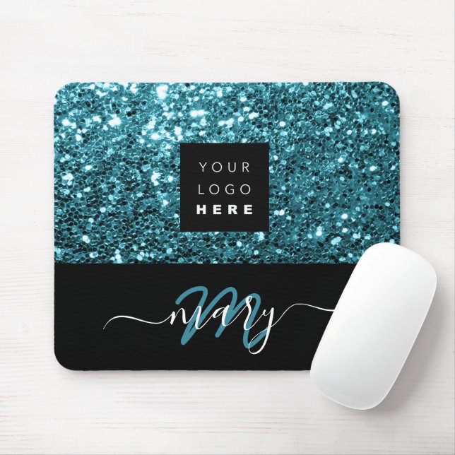 Name Monogram Minimal Blue Glitzer Logo Mousepad (Mit Mouse)