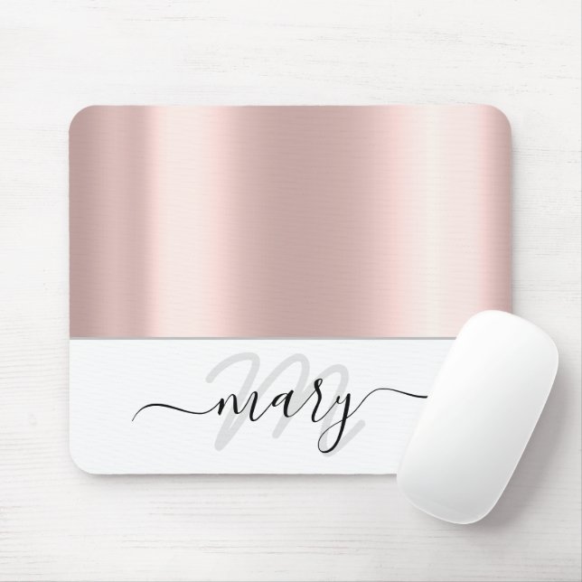 Name Monogram Minimal Rose Blush White Modern Mousepad (Mit Mouse)