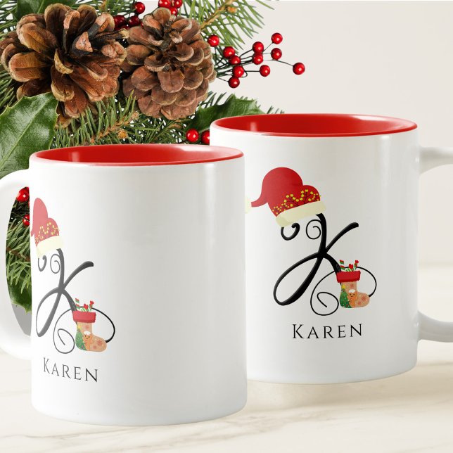 Name Monogram Modern Script Letter K Christmas Zweifarbige Tasse (Von Creator hochgeladen)