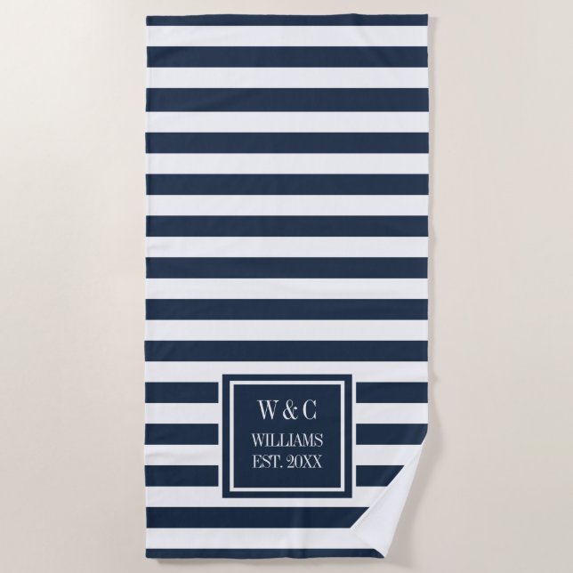 Name Monogram Navy Blue White Strip  Strandtuch (Vorderseite)