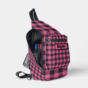 Name Monogram Pink & Black Buffalo Kariert   Crossbody Bag