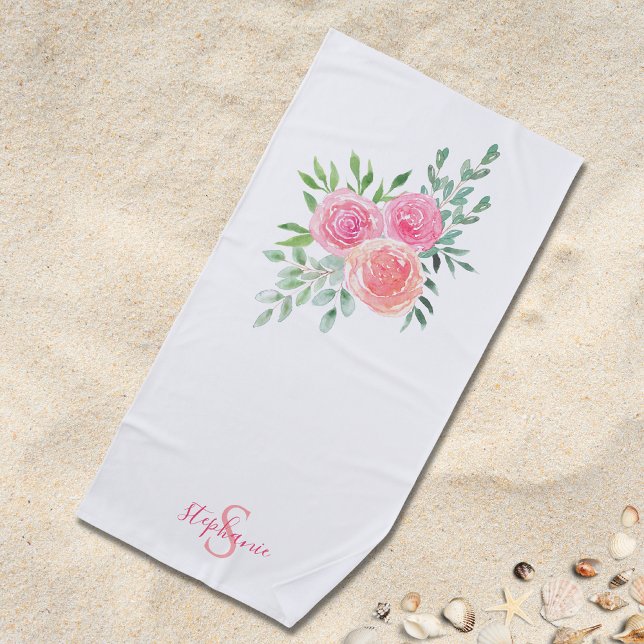 Name Monogram Pink Floral Strandtuch (Von Creator hochgeladen)