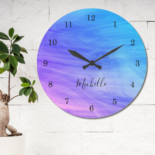 Name Monogram Pink Purple Blue Large Clock Große Wanduhr