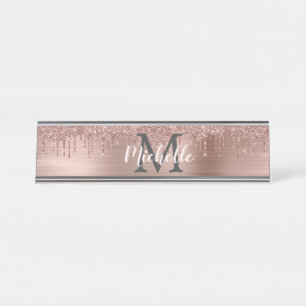 Name Monogram Pink Rose Gold Glitzer Drilling Schreibtischnamensplakette