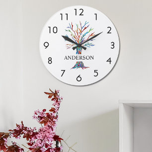 Name Monogram Rainbow Tree Große Wanduhr