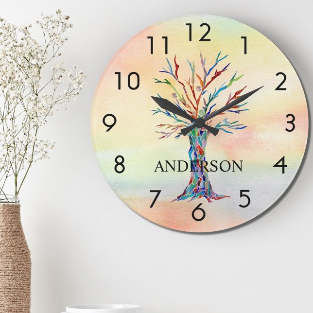 Name Monogram Rainbow Tree Große Wanduhr (Von Creator hochgeladen)