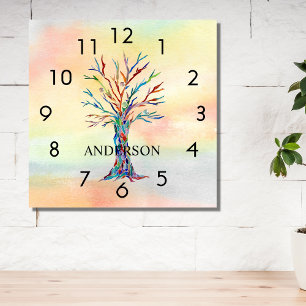 Name Monogram Rainbow Tree Square Wall Clock Quadratische Wanduhr