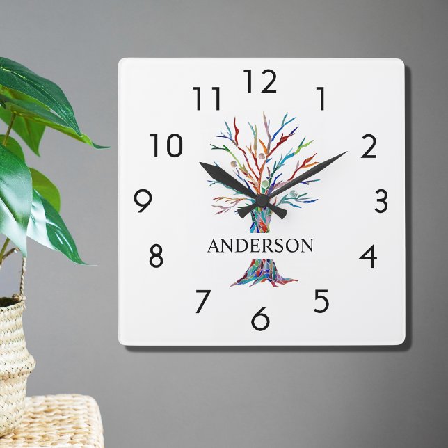 Name Monogram Rainbow Tree Square Wall Clock Quadratische Wanduhr (Von Creator hochgeladen)
