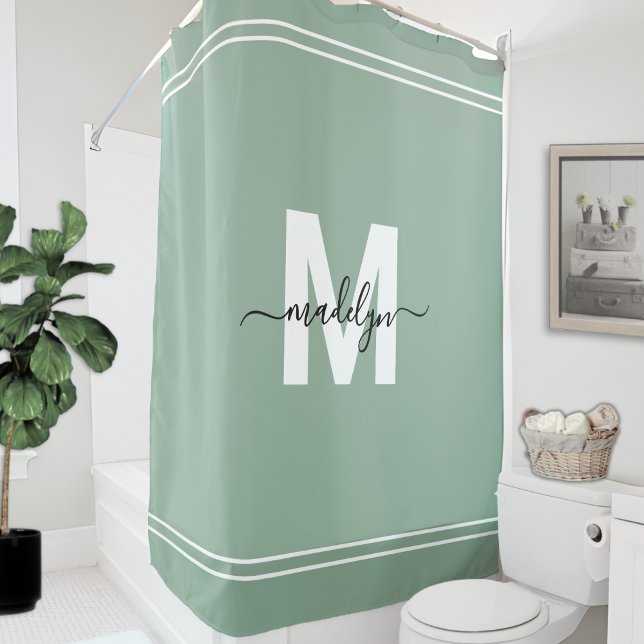 Name Monogram Sage Green Duschvorhang (Elegant Name Monogram Sage Green Shower Curtain)