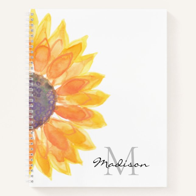Name Monogram Watercolor Sonnenblume Notizbuch (Vorderseite)