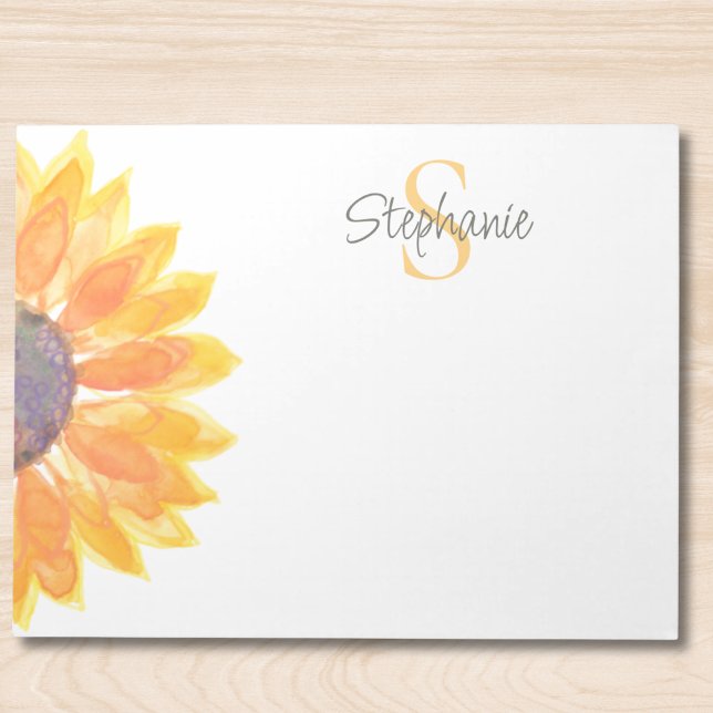 Name Monogram Watercolor Sunflower Notizblock (Von Creator hochgeladen)