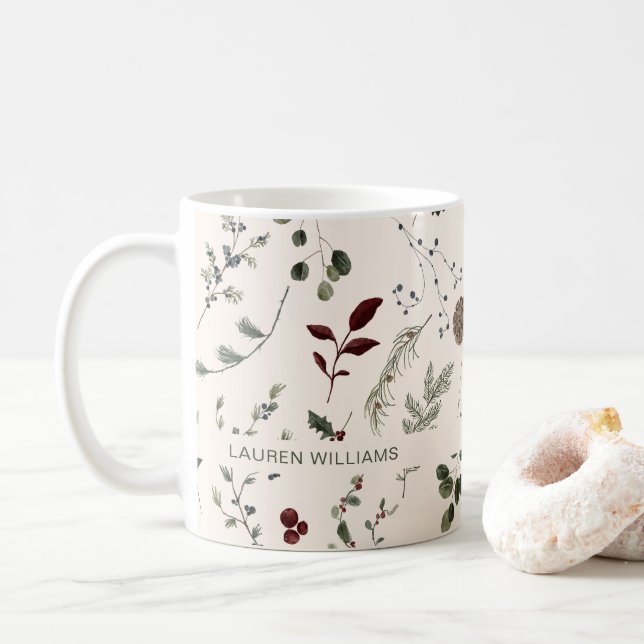 Name Monogram Winter Wildblume Muster Kaffeetasse (Mit Donut)