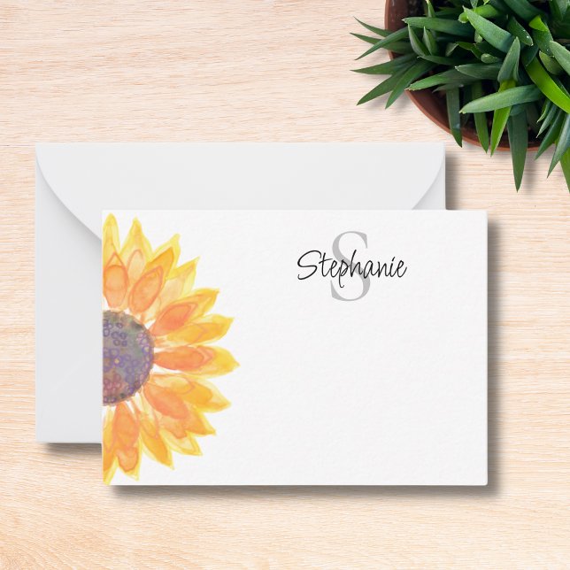 Name Monogram Yellow Sunflower Mitteilungskarte (Von Creator hochgeladen)