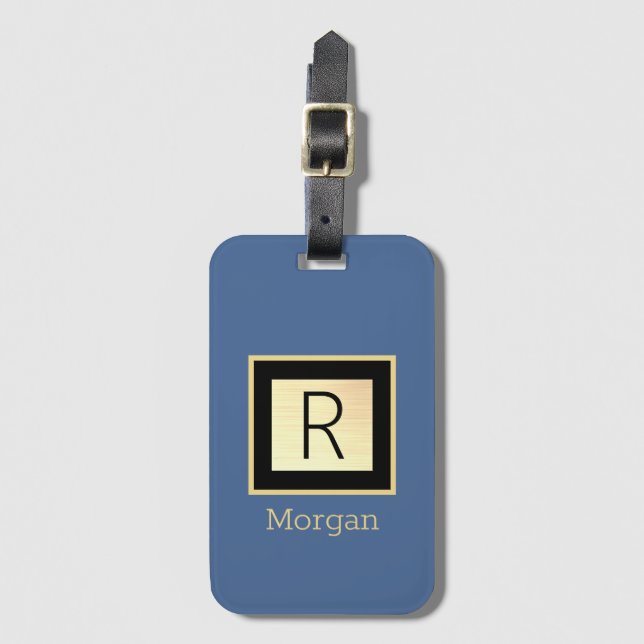 Name & Monogramm, Black & Gold Box, Med Blue Gepäckanhänger (Vorderseite Vertikal)
