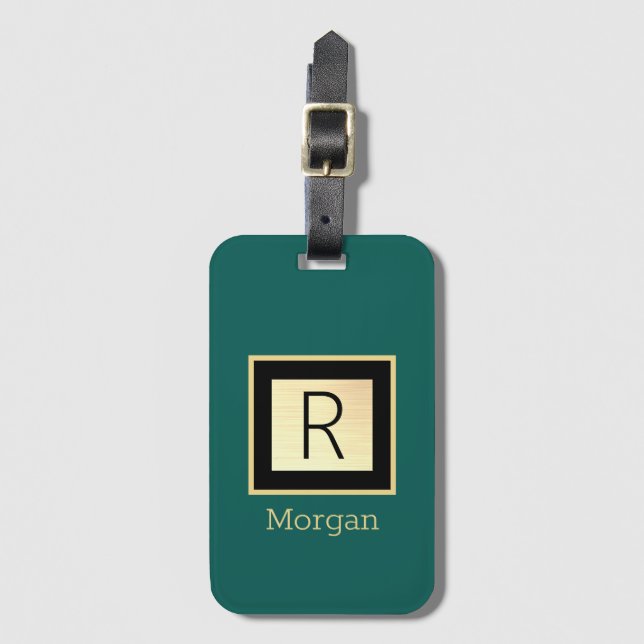 Name & Monogramm, Black & Gold Box, Tief Grün Gepäckanhänger (Vorderseite Vertikal)