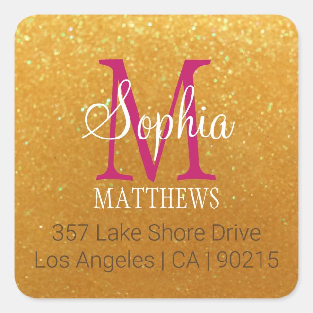 Name & Monogramm, Glitzer, Maroon, Weiß Quadratischer Aufkleber (Vorderseite)