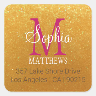 Name & Monogramm, Glitzer, Maroon, Weiß Quadratischer Aufkleber