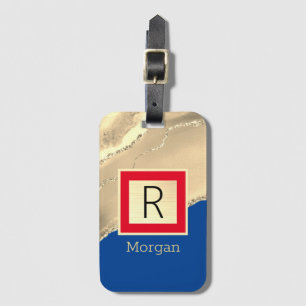 Name & Monogramm, Gold Achat, Tiefblau & Rot Gepäckanhänger