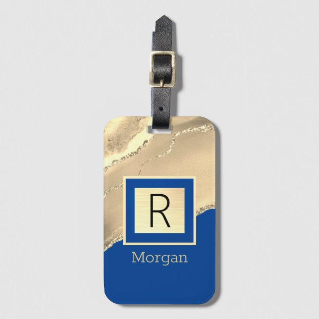 Name & Monogramm, Gold Agate, Deep Blue Gepäckanhänger (Vorderseite Vertikal)