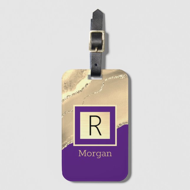 Name & Monogramm, Lila & Gold Box und Agate Gepäckanhänger (Vorderseite Vertikal)