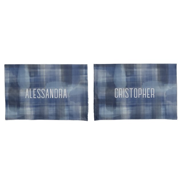 Name Monogramm Marineblau Aquarell kariert Tartan Kissenbezug (Vorderseite-Set)