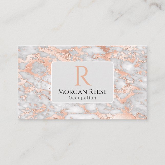 Name & Monogramm, QR-Code, Graue und Rose-Gold-Mar Visitenkarte (Vorderseite)