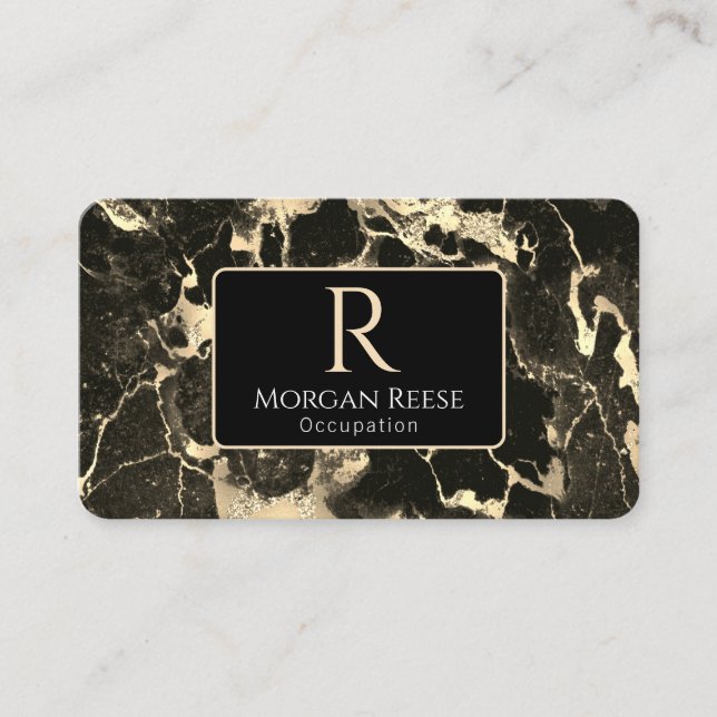 Name/Monogramm, QR-Code, Schwarz/Gold-Marmor Vs2 Visitenkarte (Vorderseite)