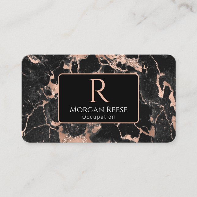 Name/Monogramm, QR-Code, Schwarz/Rose-Gold-Marmor  Visitenkarte (Vorderseite)