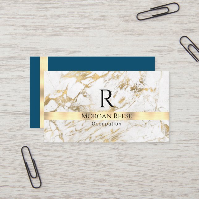 Name & Monogramm, QR-Code, weißes und goldenes Mar Visitenkarte (Vorderseite/Rückseite Beispiel)
