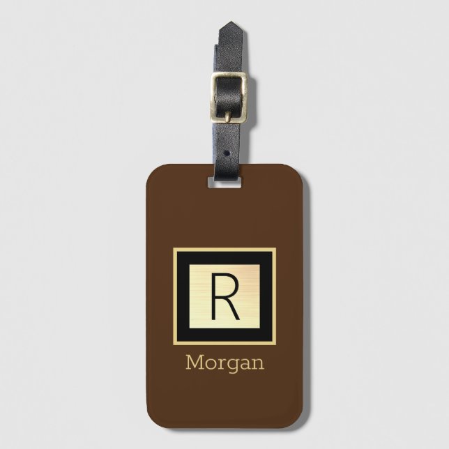 Name & Monogramm, Schwarz & Gold Box, braun Gepäckanhänger (Vorderseite Vertikal)
