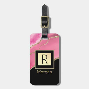 Name & Monogramm, Schwarz & Gold Box, rosa Tor Gepäckanhänger