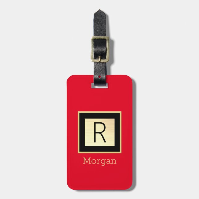 Name & Monogramm, Schwarz & Gold Box, Rot Gepäckanhänger (Vorderseite vertikal)