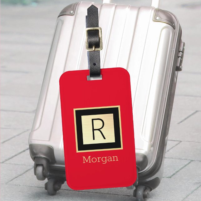 Name & Monogramm, Schwarz & Gold Box, Rot Gepäckanhänger (Von Creator hochgeladen)