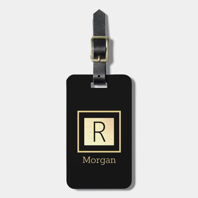 Name & Monogramm, Schwarz & Gold Box, Schwarz Gepäckanhänger (Vorderseite vertikal)