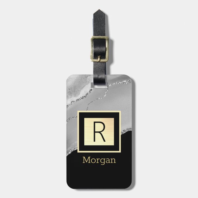 Name & Monogramm, Schwarz & Gold Box, Silver Agate Gepäckanhänger (Vorderseite vertikal)
