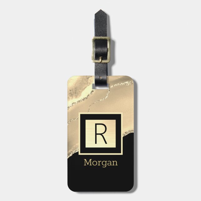 Name & Monogramm, Schwarz & Gold Box und Agate Gepäckanhänger (Vorderseite vertikal)