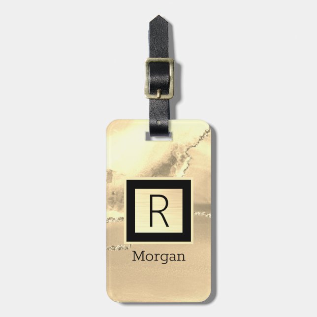 Name & Monogramm, schwarze & goldene Box  Gepäckanhänger (Vorderseite vertikal)