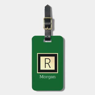Name & Monogramm, schwarze & goldene Box Waldgrün Gepäckanhänger