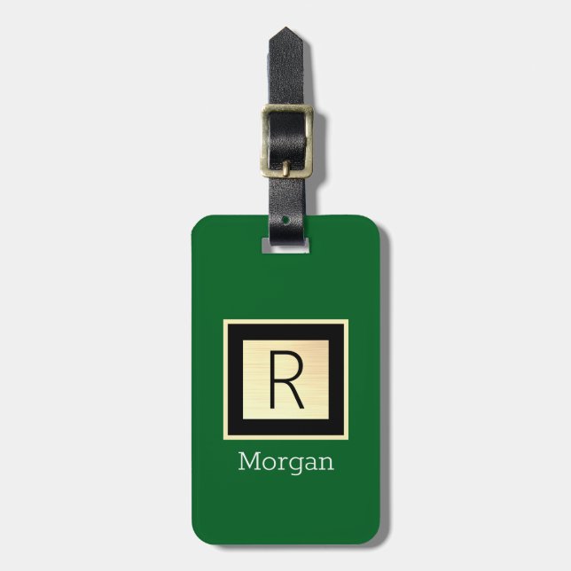 Name & Monogramm, schwarze & goldene Box Waldgrün  Gepäckanhänger (Vorderseite vertikal)