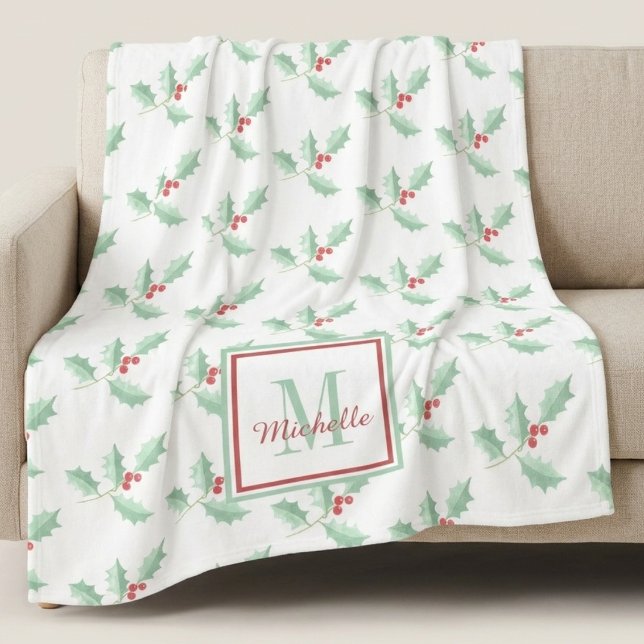 Name Monogramm Weihnachts-Stechpalme  Fleecedecke (Von Creator hochgeladen)