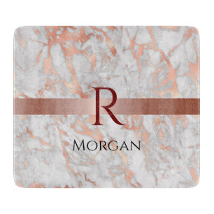 Name & Monogramm, weißer und roségoldener Marmor Schneidebrett